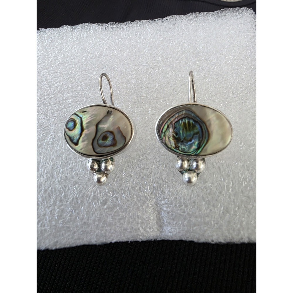 VTG Sterling Silver Oval Inlay Abalone Dangle Triple Bead Drop Earrings Unique